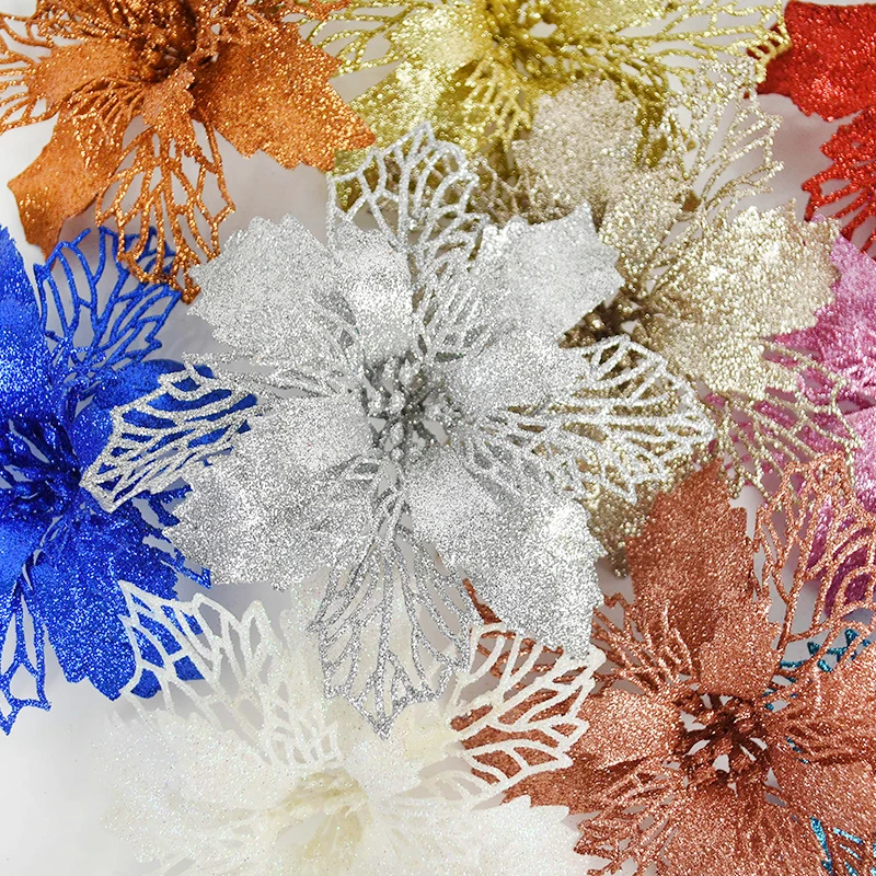 10pcs Glitter Artificial Poinsettia Flower with Berry Wedding New Year Christmas Cherry Flower Decorations Xmas Tree Ornament