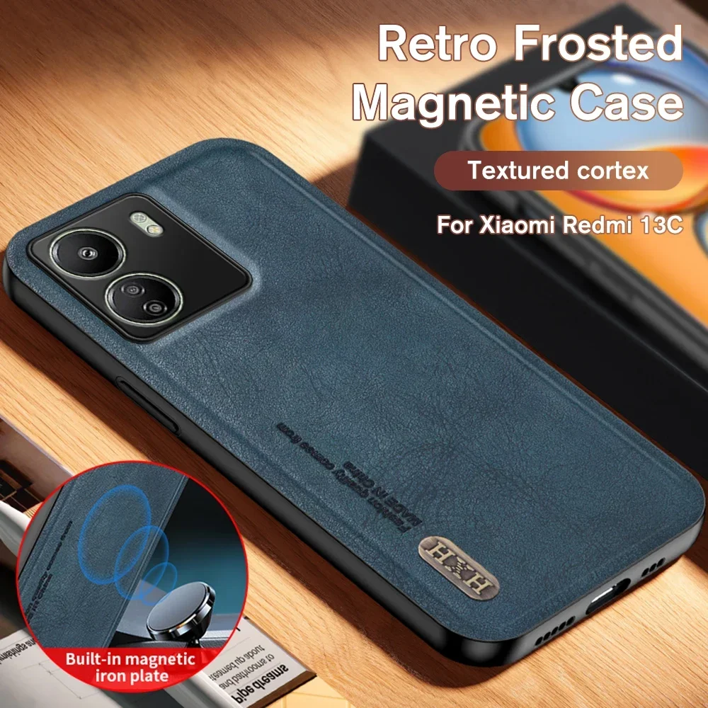 

For Xiaomi Redmi 13C Case Retro Frosted Leather Car Magnetic Cover Redme Radmi 13 C C13 Redmi13C 4G Camera Protect Fundas Capas