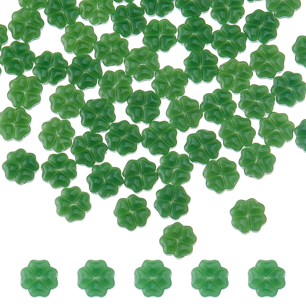 100Pcs Glass Four Leaf Clover Beads 10.5mm St. Patrick’s Day Imitation Jade Glass Beads Dark Green Shamrock Loose Beads
