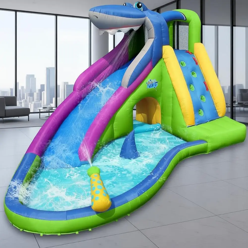 Nadmuchiwany zamek dmuchany w kształcie rekina z zjeżdżalnią, plac zabaw na sucho i na mokro, wytrzymały materiał, rozpylacz wody i basen dla dzieci