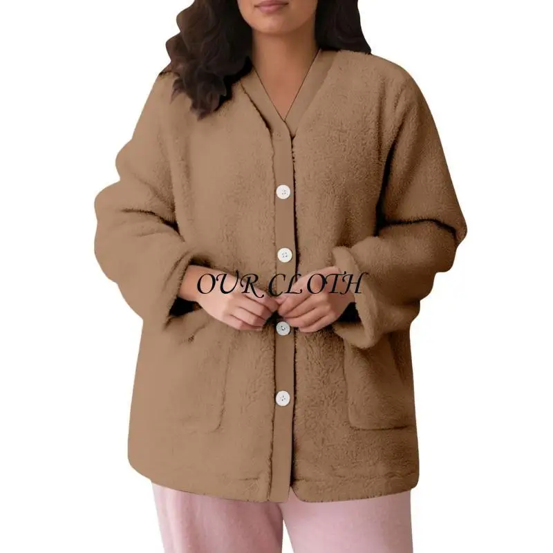 Casaco dormir lã macia feminino manga longa botão para baixo pijama pelúcia quente com bolsos para relaxamento interno