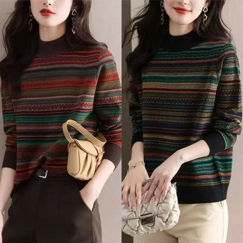 Fashionable plus Size Women's T-Shirt Retro Stripes Loose Belly Cover Half High Collar Base Shirt Autumn Winter Casual Style ...