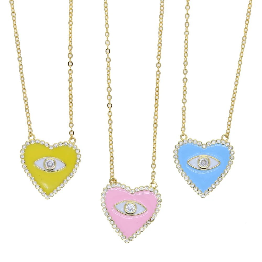 Big Heart Shape Pendant Necklaces for Wome Pave Evil Eye White Cz and Pink Blue Yellow Enamel Gold Plated Color Fashion Jewelry