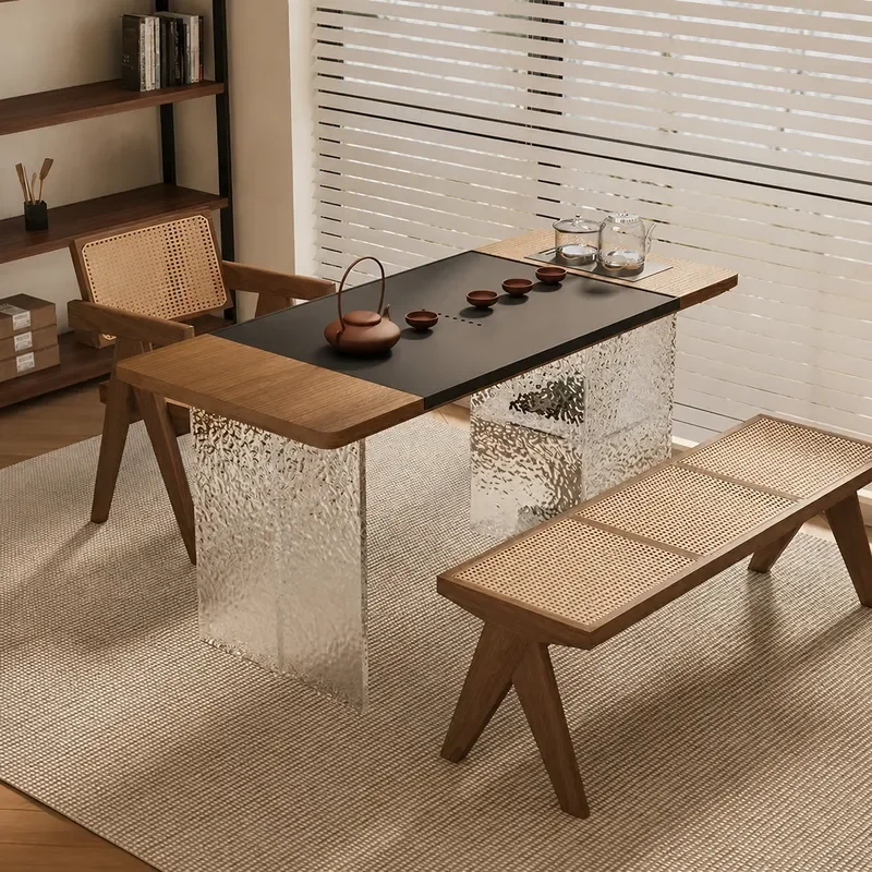 Solid Wood Balcony Tea Table and Chair Set Acrylic Suspended Design for Living Room Small Apartment Simple Calligraphy Desk