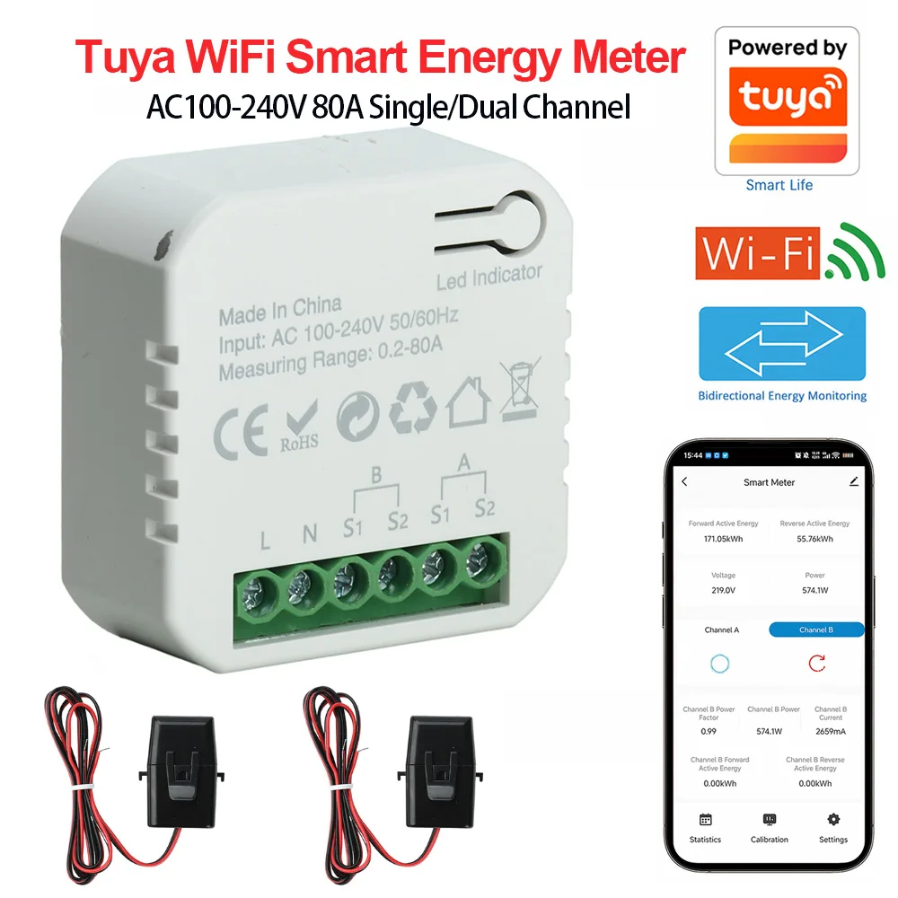 80A Tuya bidirectional CT clamp energy meter on DIN rail