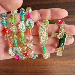 Mexican Saint Jude Green Crystal Beads Catholic Necklace Cross Pendant Virgin Mary Necklace Colorful Cross Pendant Guadalupe Ble