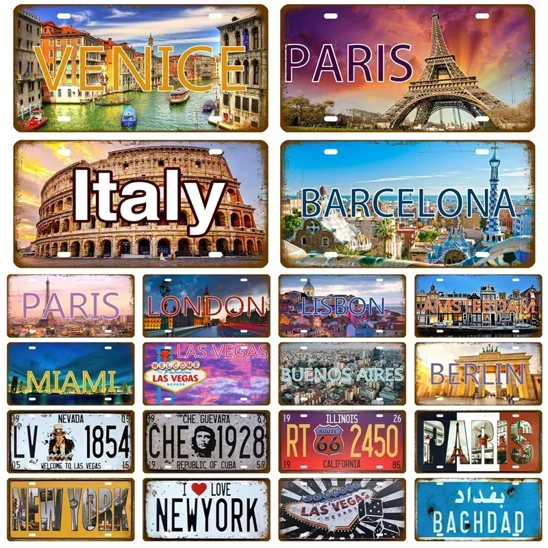 Italia Venecia París Europa ciudad letrero de estaño placa de Metal decoración de pared para Bar garaje arte hojalata pintura placa decorativa carteles