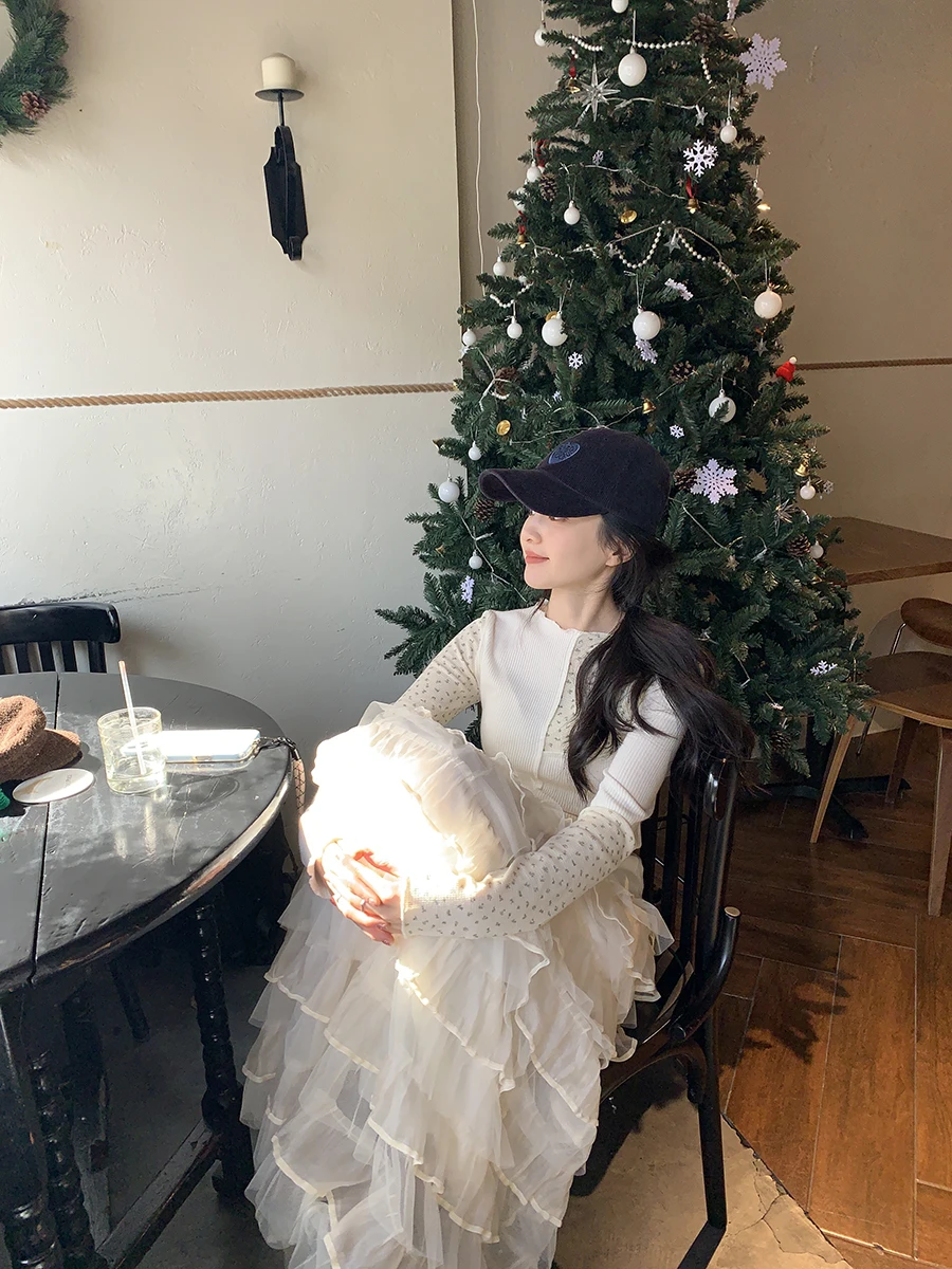 Südkorea Dongdaemun Frühling Neue Fee Kleid Schichten Mesh Spitze Mittellangen Puffy Kuchen Rock für Frauen Tiered Rock a660