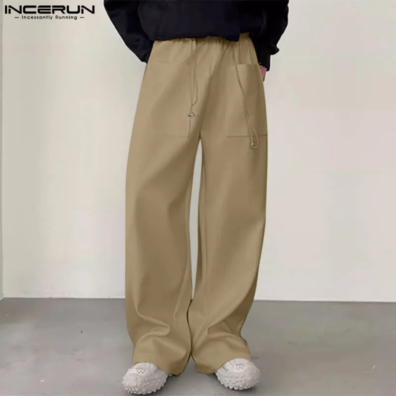 

INCERUN Men Pants Solid Color Drawstring Loose Joggers Pockets Casual Trousers Men Streetwear 2024 Fashion Straight Pants S-5XL