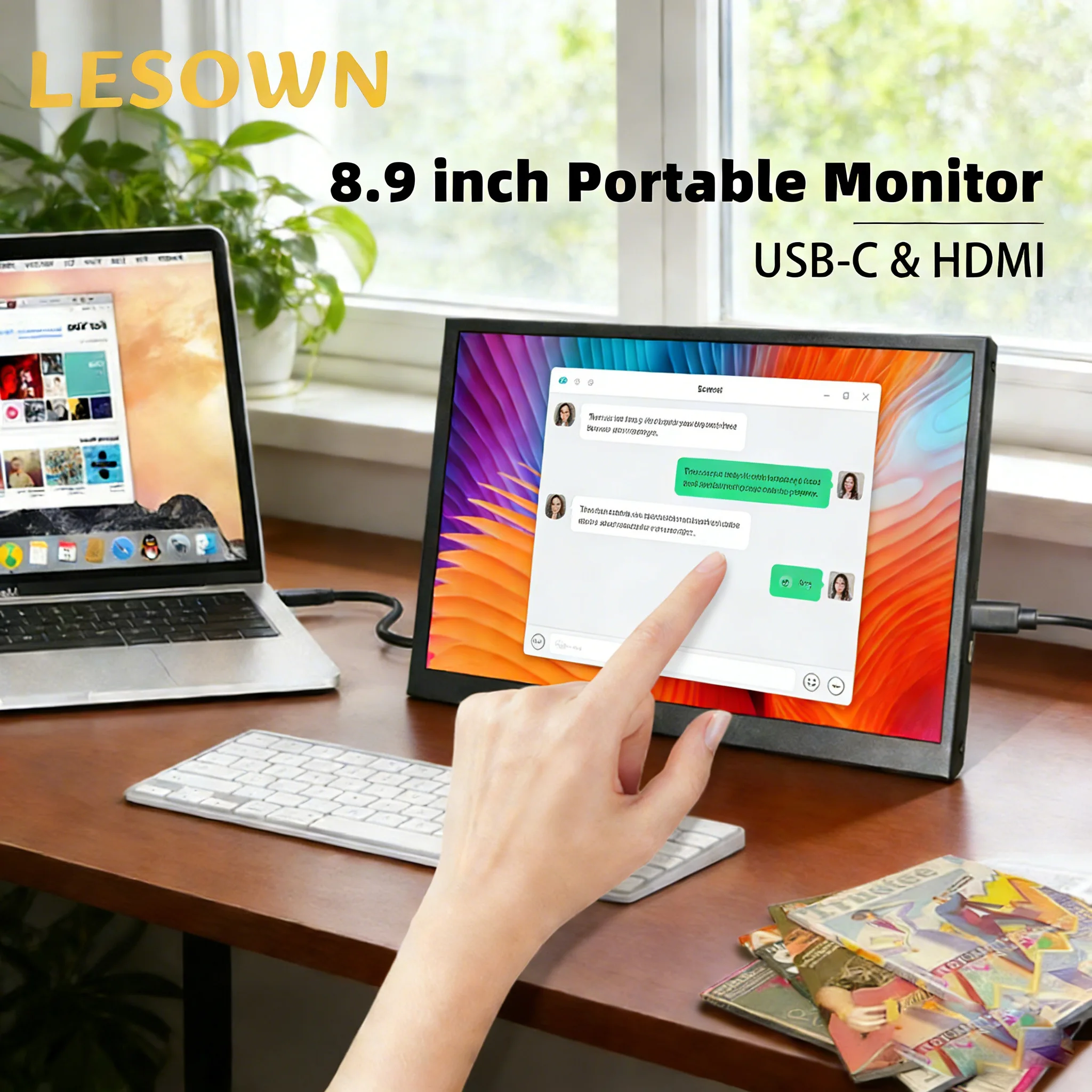 

LESOWN 8.9'' 1920x1200 IPS Tiny Portable Monitor Ultra Compact USB C Secondary Screen Additional Monitor for Chat conversation
