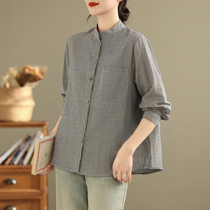 

Retro Cotton Striped Shirt Loose Fit Simple Design Versatile Casual Commute Style Long Sleeve Basic Patchwork Stand Collar