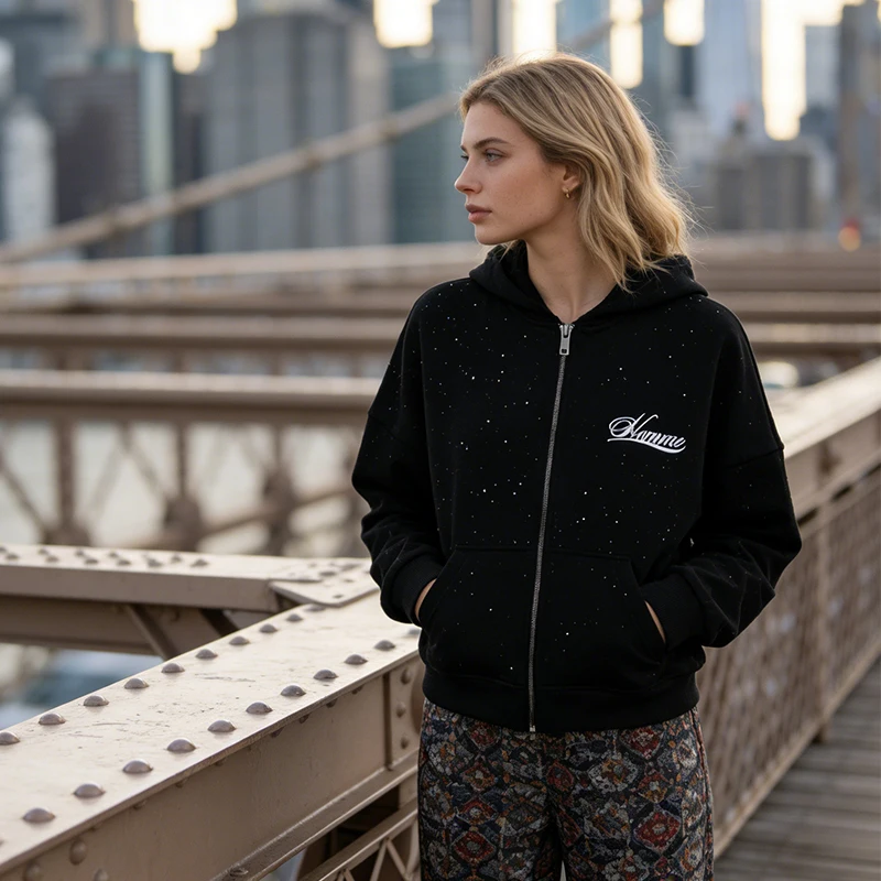 

Y2K Casual Rhinestone Decoration Streetwear American vintage Commuter Loose Sweatshirt Letter Printing Long Sleeve Zipper Hoodie