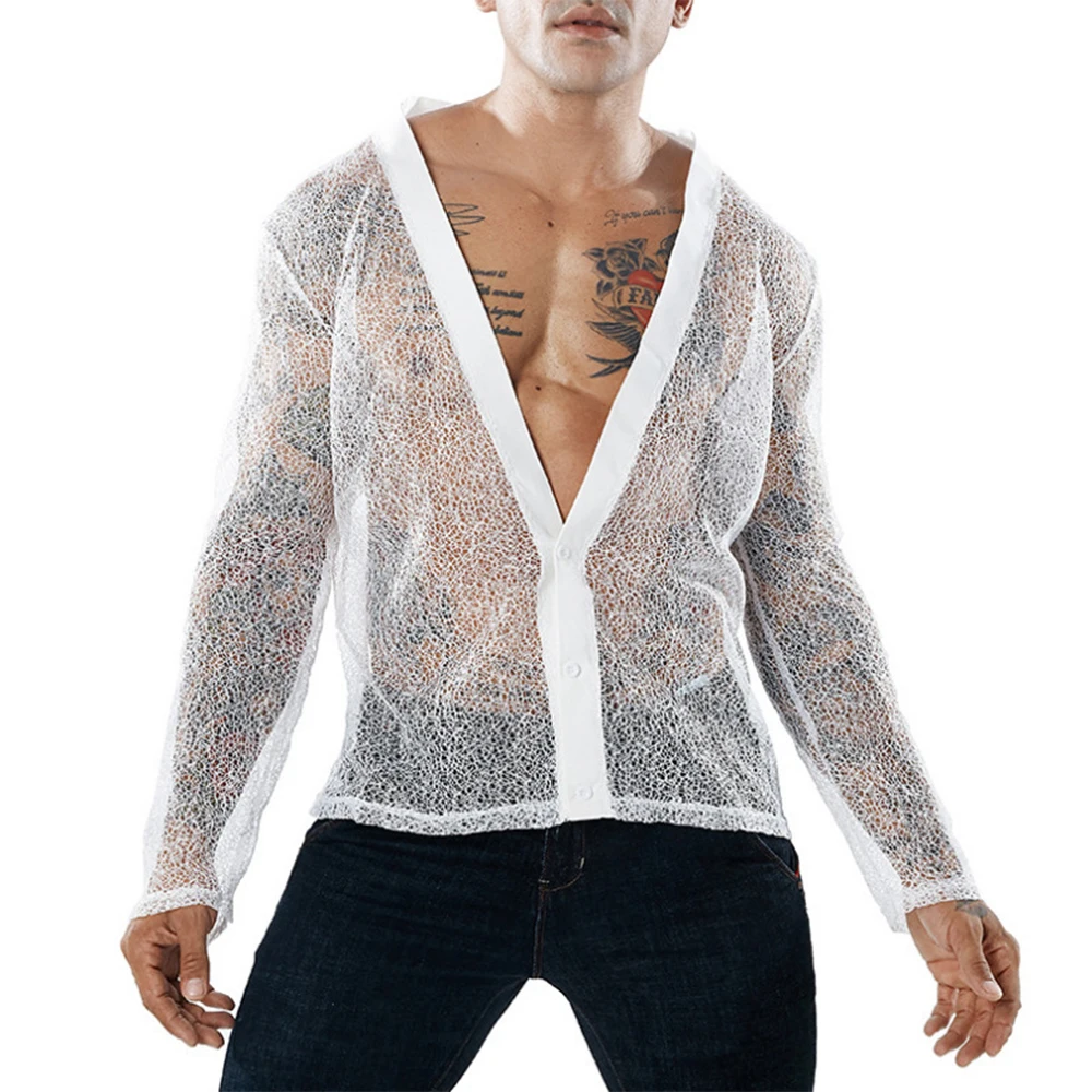 Comfortable Shirts Transparent Cardigan Casual Deep V-neck Fashion Long Sleeve Long-sleeved Men Mesh See Through