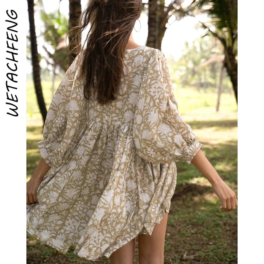 Loose Women\'s Dress Vintage Floral Beach Bohemian Casual Holiday Party Mini Dress 2024 Summer Fashion Lantern Sleeve V Neck Robe