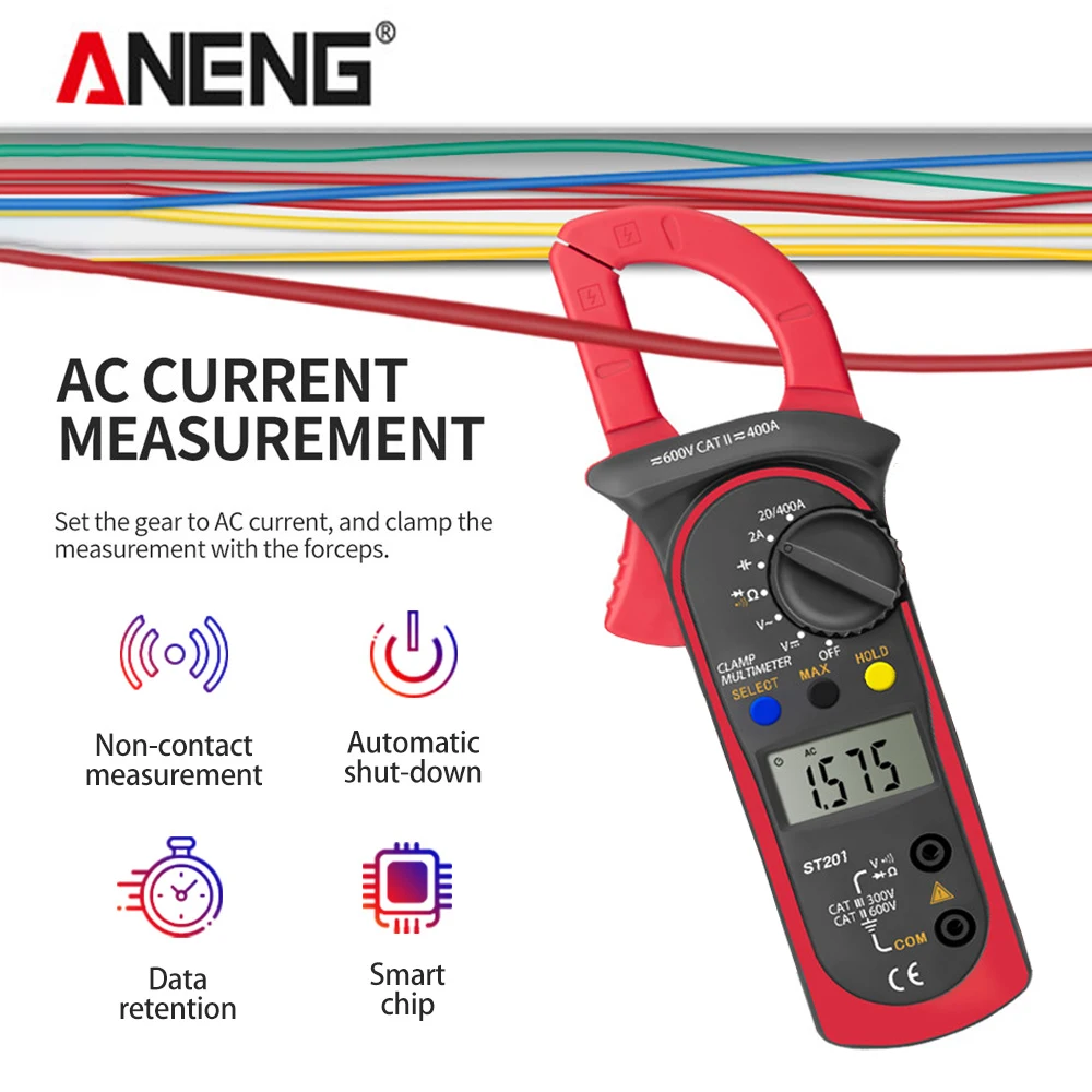 ANENG ST201 Professional Digital 1999 Count Clamp Multimeter ACDC Ammeter Transistor Capacitor Auto Voltage Tester Electric