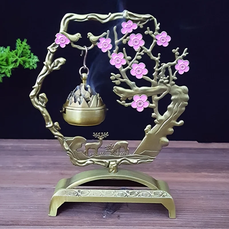 

1pc Lucky Magpie & Deer Incense Burner with Plum Blossom Design – Golden Metal Home Decor Accent for Indoor Tabletop