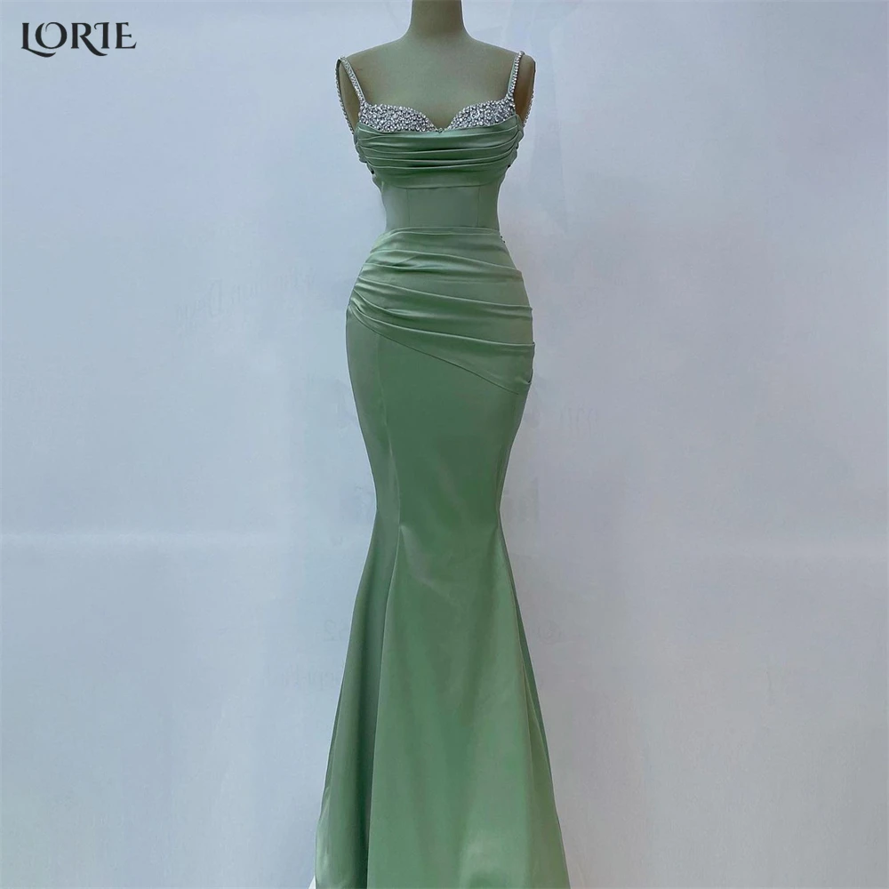 LORIE Glitter Forest Green Mermaid Evening Dresses Sparkly Spaghetti Straps Pleated Prom Dress Satin Arabia Bride Party Gowns