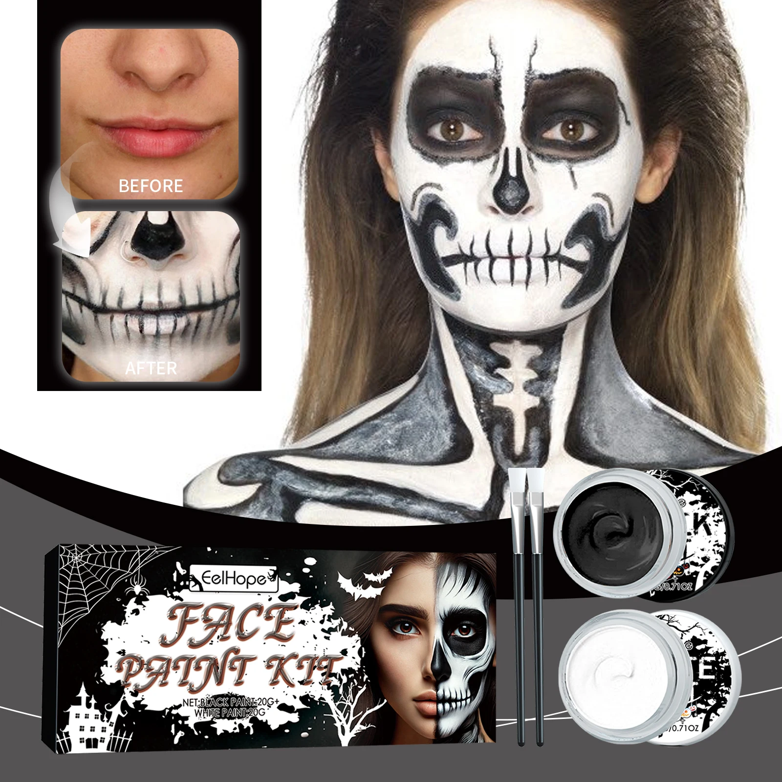 2PCS Halloween Face Painting Kit Highly Pigmented Face Body brus Paint Black and White for DIY Cosplay Theme Parties Body Makeup