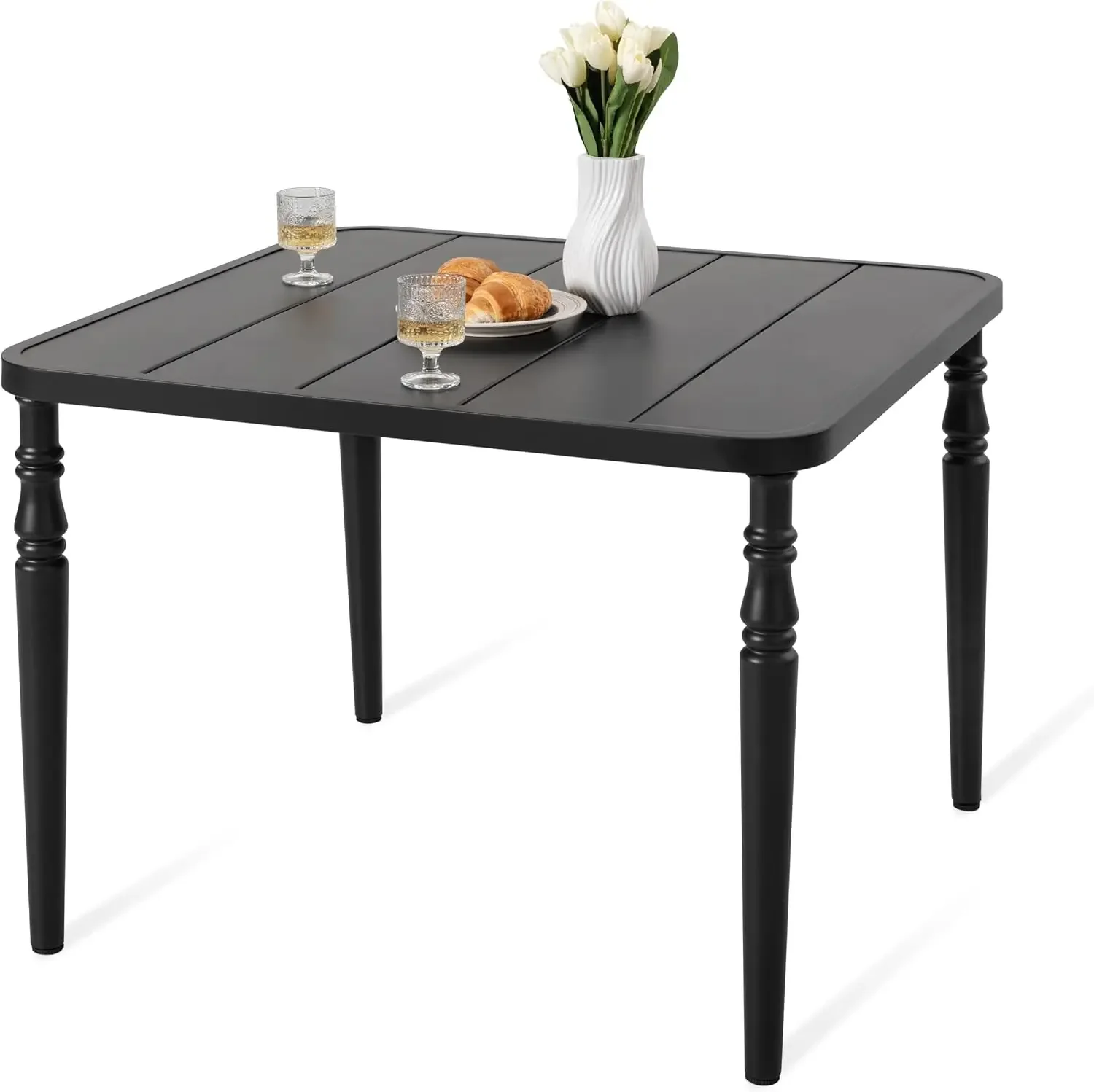 Outdoor 37” Dining Table, Square Metal Dining Table with Umbrella Hole, Patio Dining Table with Powder-Coated Frame and Slatted