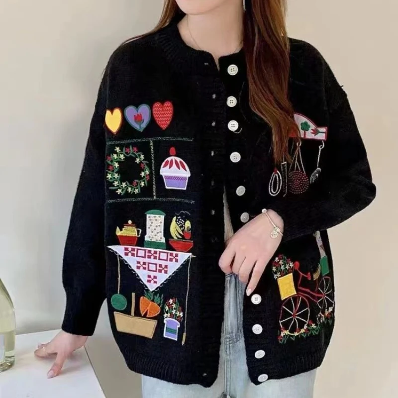 DAYIFUN Christmas Sweater Jackets Women Autumn Winter Retro Heavy Industry Embroidery Design Jumpers Lazy Style Knitted Cardigan