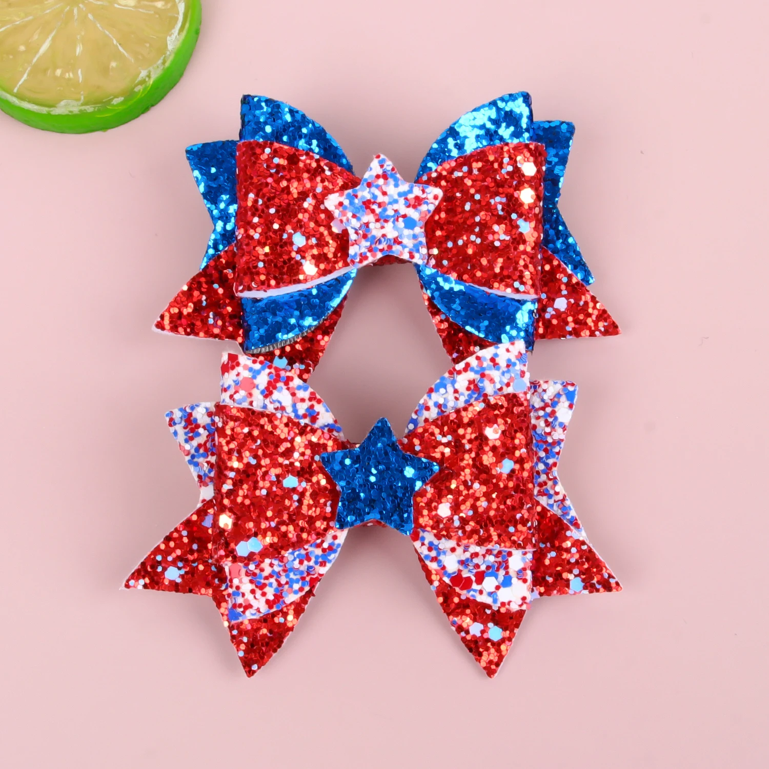 4th of July Hair Bows Hair Clip Girls Glitter Red White Blue Sequin Bows Barrettes Independence Day Party Decor Accessories