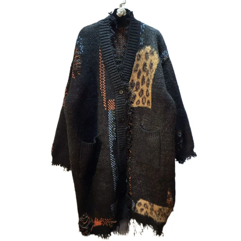 

2025 Autumn New Flocked Leopard Print Brushed Ripped Long Loose Slim Thick Sweater Coat for Women Long Knitted Cardigan