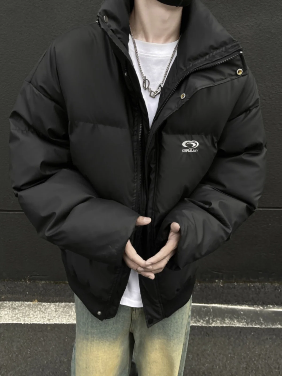 

Bla Stand Collar down Cotton Jaet Men's Winter High-End PU Leather ort American Bread Sle Coat Warmth And Faion