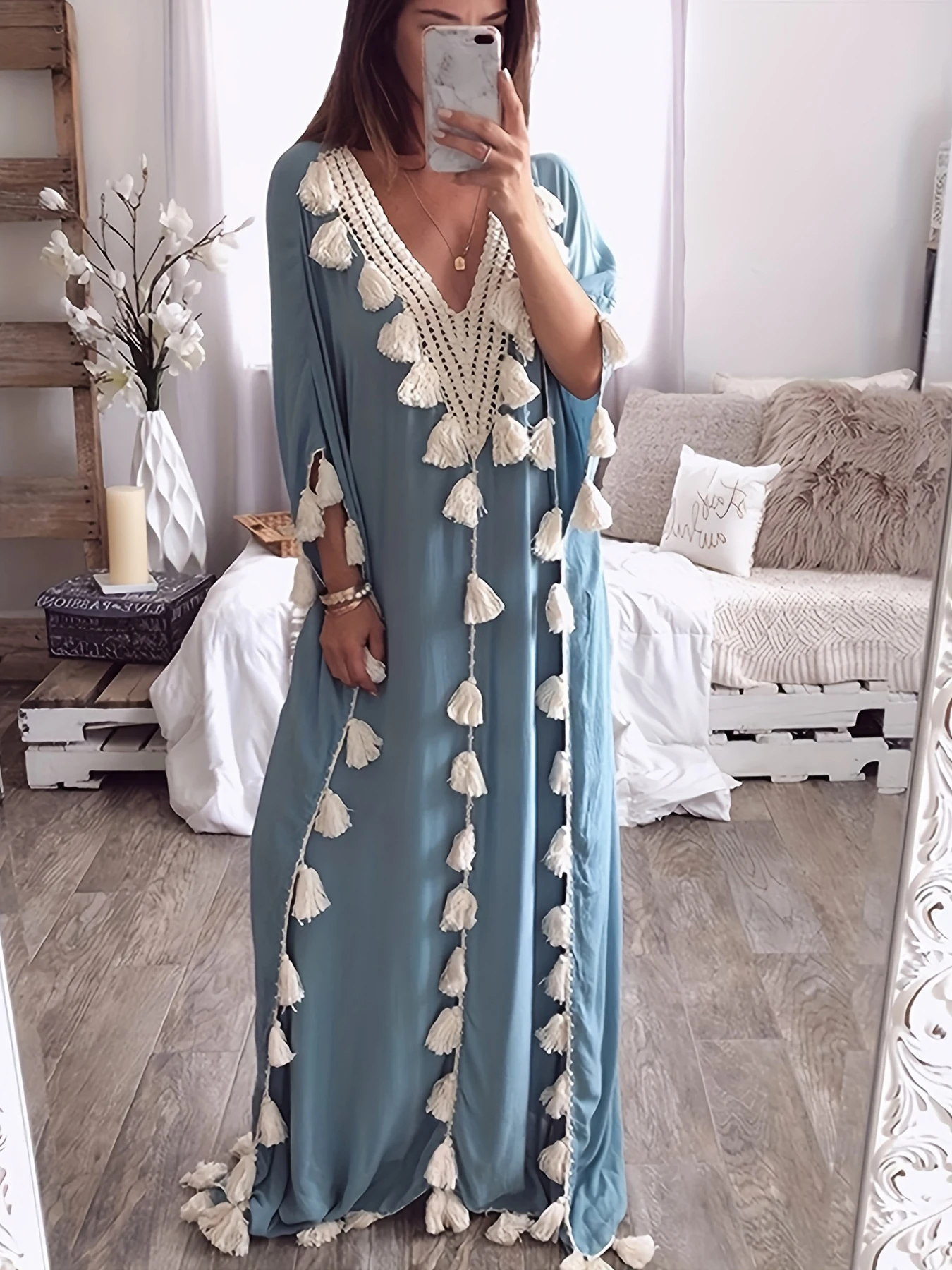 

Весенне-летняя новая элегантная женская одежда, свободный халат с рукавами «летучая мышь» больших размеров, сексуальная блузка с v-образным вырезом, модное и элегантное однотонное платье с кисточками