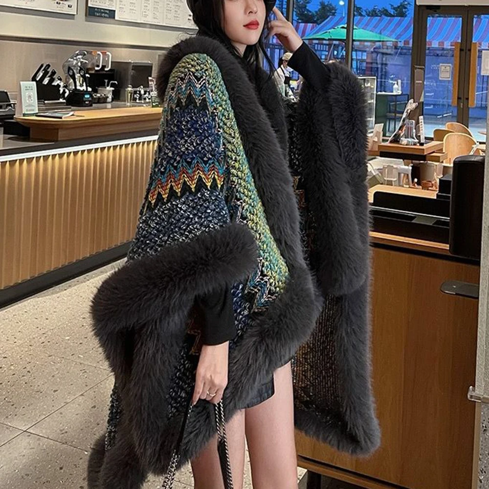 Winter Warm Coat Shawl Faux Fur Coat Women Outerwear Faux Fox Fur Long Cape Wraps Furry Fluffy Luxury Fur Trim Cloak Loose Coat