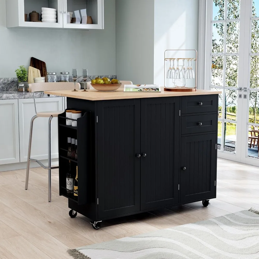 Rolling kitchen island on wheels with drop-leaf bar countertop, island table with side open spice rack and tower rack