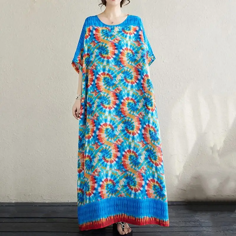 

Short Sleeve Plus Size Vintage Floral Loose Midi Long Pleated Dresses Women Casual Maxi Summer Dress Ladies Boho Vestidos Beach