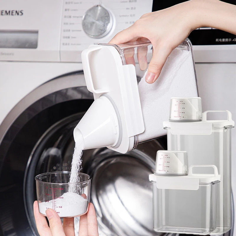 Dispensador portátil de detergente en polvo con taza medidora, tarro hermético para almacenamiento de líquidos para lavandería, accesorios para lavadora