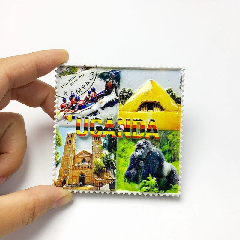 

Uganda Souvenir Fridge Magnet 3D Resin - Features Kampala Rafting, Gorilla, Cathedral & Traditional Hut | Home Decor R
