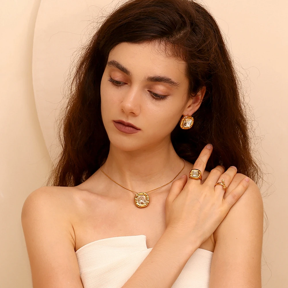 Women's 18K Gold Plated Zircon Rounded Square Necklace Earring Ring Set