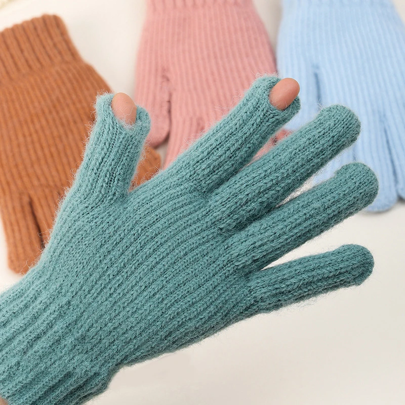 Large Size Women's Winter Touch Screen Gloves Thicken Warm Knitted Stretch Gloves Full Finger Outdoor Skiing Gloves