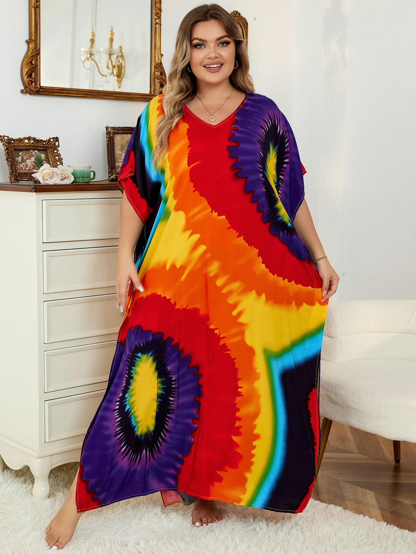 2024 Multicolored Kaftan Bohemian Printed V-neck Batwing Sleeve Street Wear Women Beach Wear Plus Size Swim Suit Cover Up Q1342