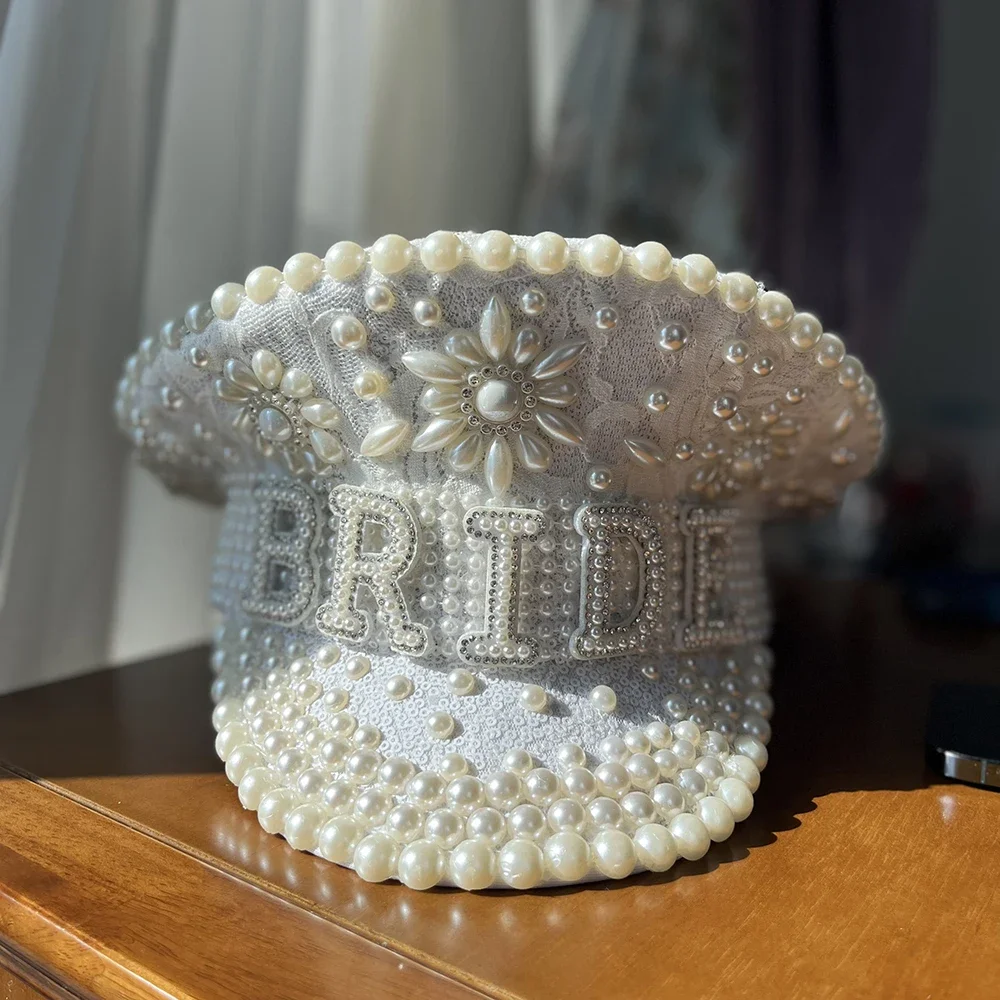 Women Wedding Hen Do Bride Hat White Military Hat Queen Sergeant Captain Hat Luxury Pearl Festival Birthday Part Hat