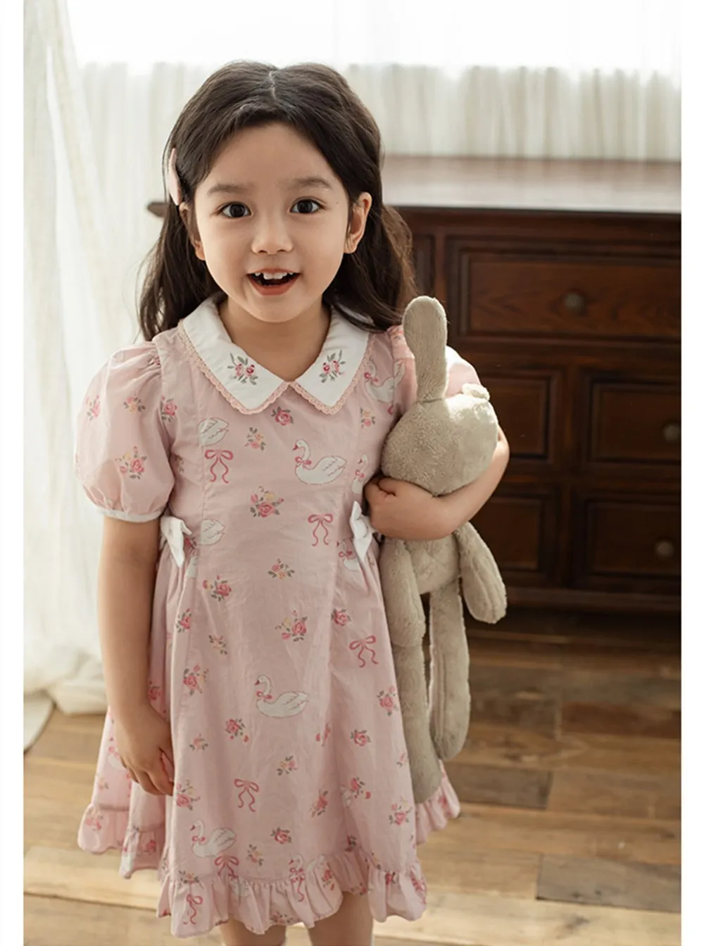 

Children's summer dress baby clothes Sweet pink dress Cartoon pattern printed princess style dress