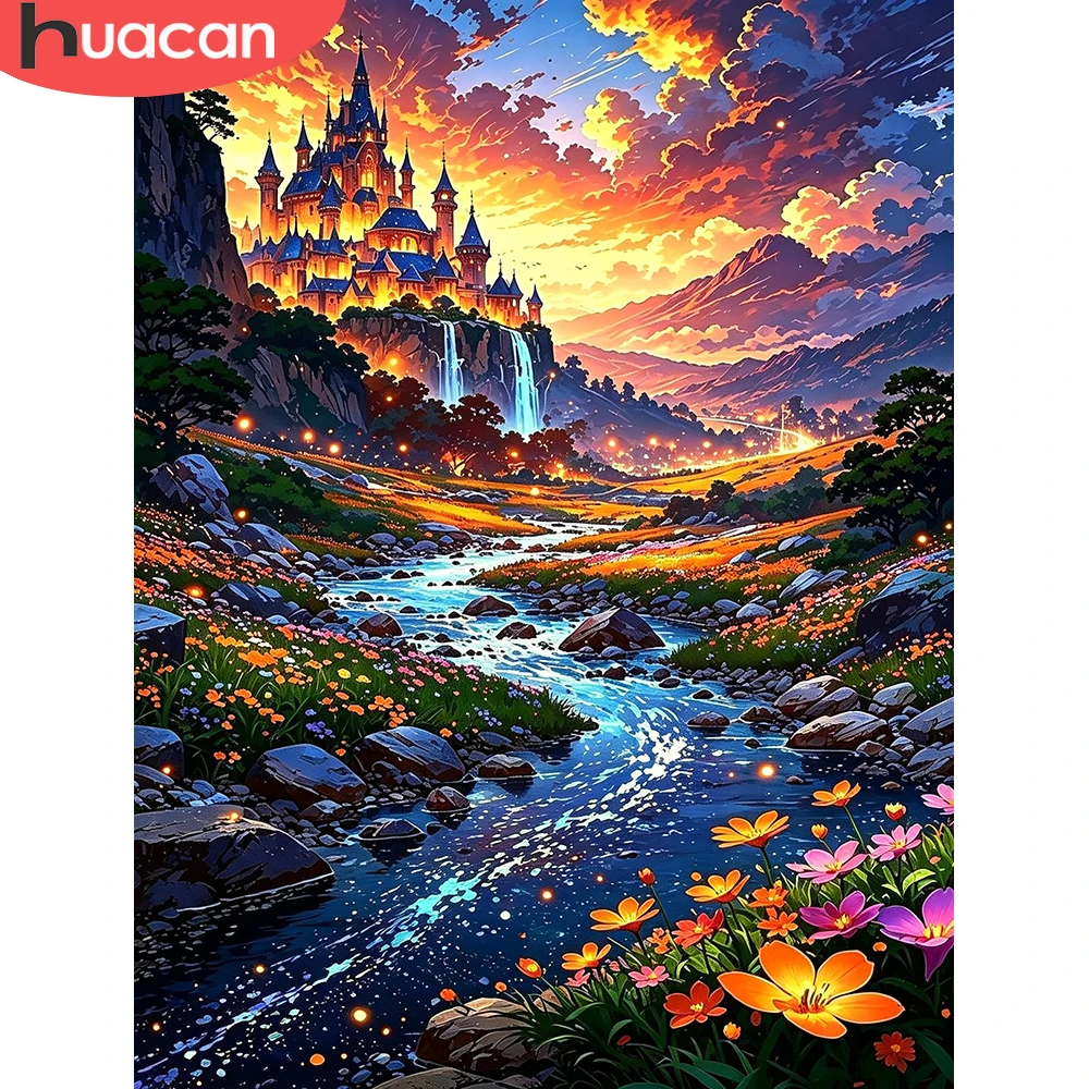 HUACAN Diamond Mosaic 5d Castle Landscape Full Kits Home Decor Painting Sunset Lake Flower Full Drill Rhinestones Pictures