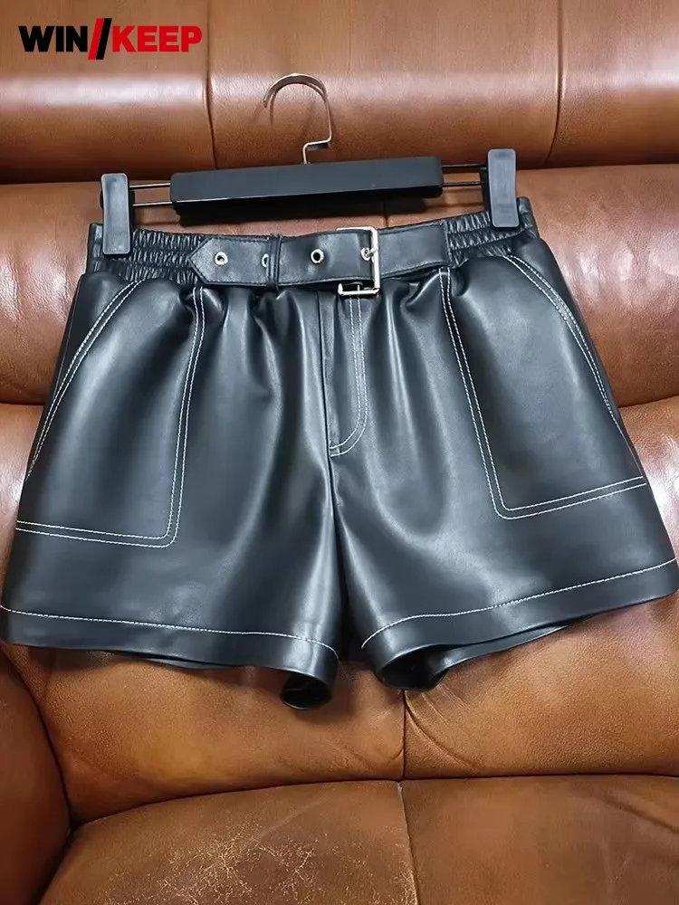 

Шорты из овчины из натуральной кожи, женские шорты с поясом и эластичной резинкой на талии, широкие брюки-клеш, повседневная уличная одежда, шорты из натуральной кожи