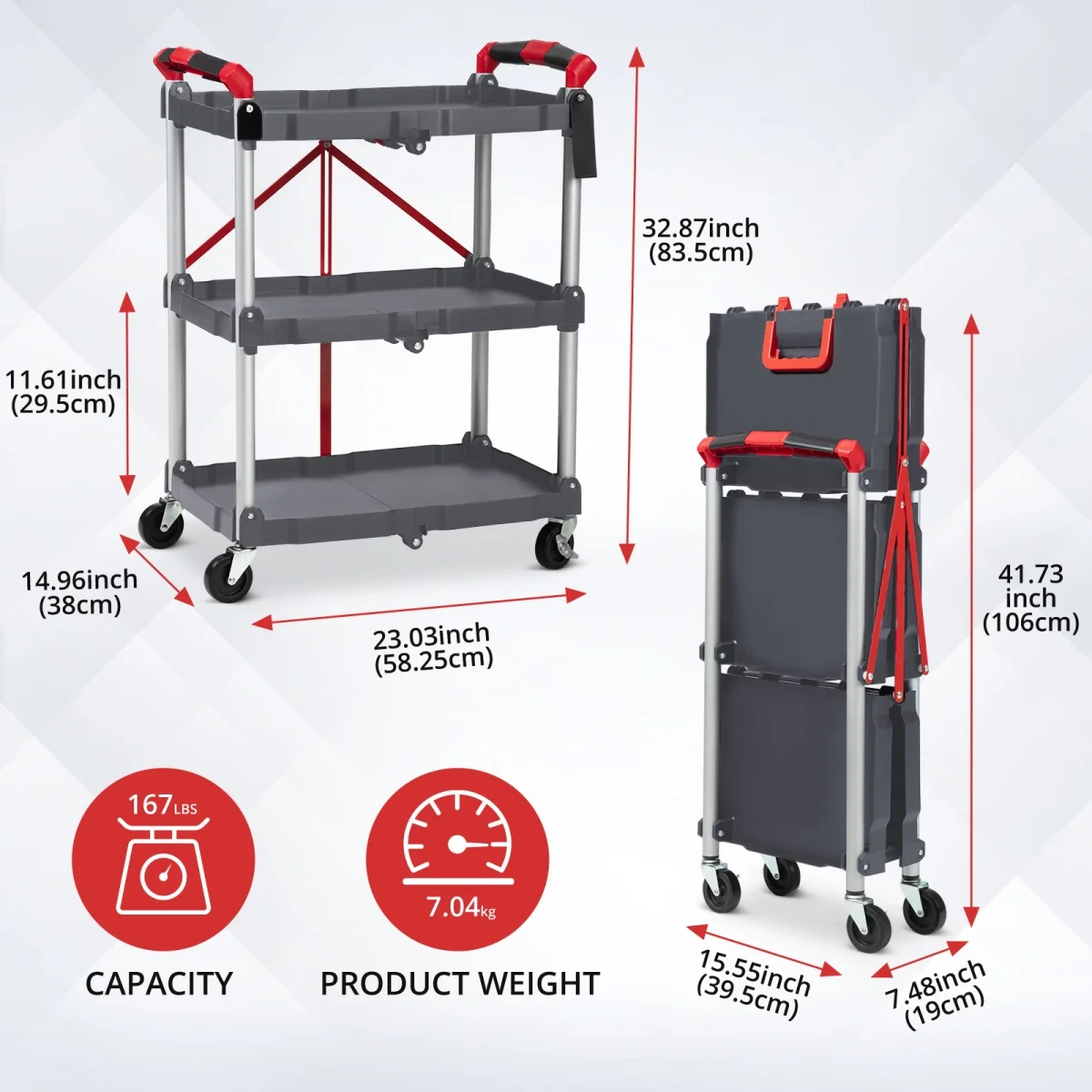 Collapsible Service Cart 3-Tier Portable Folding Utility Cart with 2 Lockable Wheels for Home/Commercial/Office/Warehouse