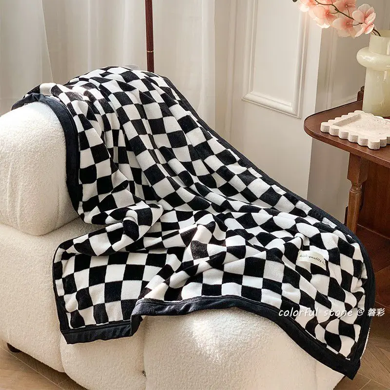 Ins Houndstooth Coral Fleece Blankets Sofa Nap Manta Air Conditioner Sleeping Одеяла Nordic Soft Warm Cobertor Cover Leg Blanket