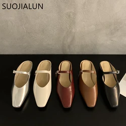 SUOJIALUN 2023 Summer New Women Slipper Fashion Shallow Slip On Ladies Mules Shoes Flat Heel Outdoor Casual Sandal Slides Shoes