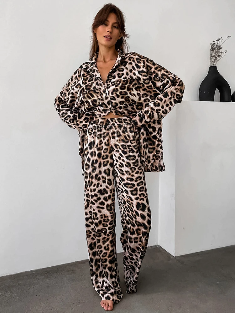 

Jyate Leopard Print Elegant Long Pants Sets Autumn Women Loose Shirts Wide Legs Pants Two Pieces Suits Street Casual Outfit 2024