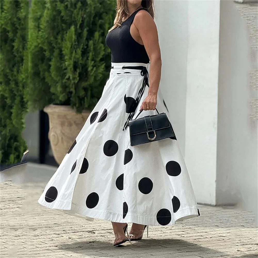 Elegant Women Polka Dot Printed Long Skirt Two Piece Set Summer Office Black O Neck Sleeveless Vest Top A Line Long Skirt Suit