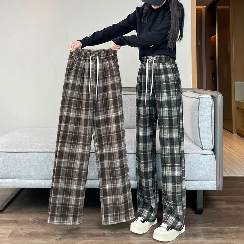 

High Waist Plaid Woolen Wide Leg Pants Women's Casual Trousers Floor-Length Comfortable Loose Pants Vintage Trousers Womens