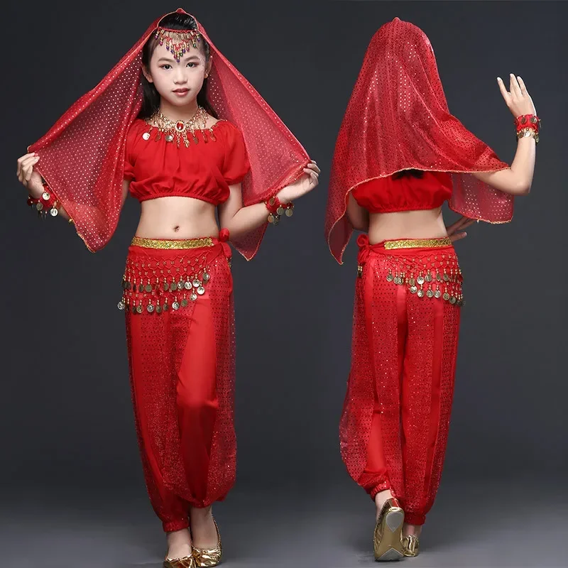 Costume de danse du ventre indien en mousseline de soie pour enfants, ensemble de 6 pièces pour spectacle d'halloween, tenues en tissu de danse pour enfants, 3 options de couleurs