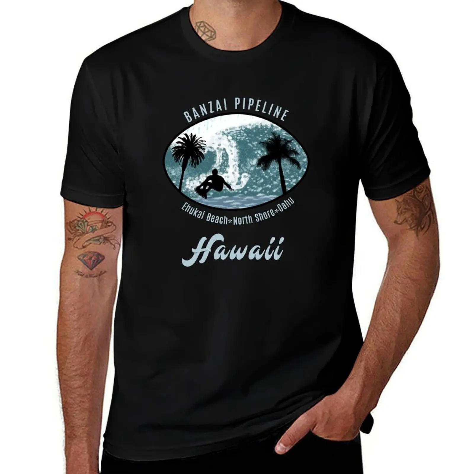 Surfers Beach Palm Trees Waves, Banzai Pipeline Hawaii T-Shirt Daily Wear Print T-Shirt
