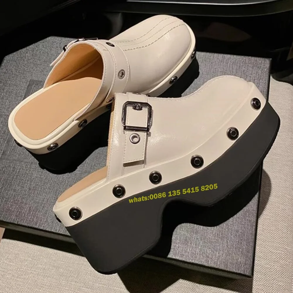 

Rivet Belt Buckle Slippers Women's Genuine Leather 2024 Round Toe Thick Sole New Height Increase Solid Slip On Luxury Female