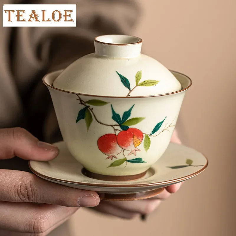 120ml Cream Ru Kiln Respectful Gaiwan Vintage Hand-painted Pomegranate Tea Tureen Tea Brewing Cover Bowl Tea Ceremony Collection